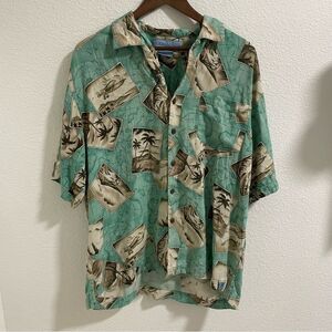 Bermuda bay silk Seafoam Green Casual Button Down Shirt with Tropical Print